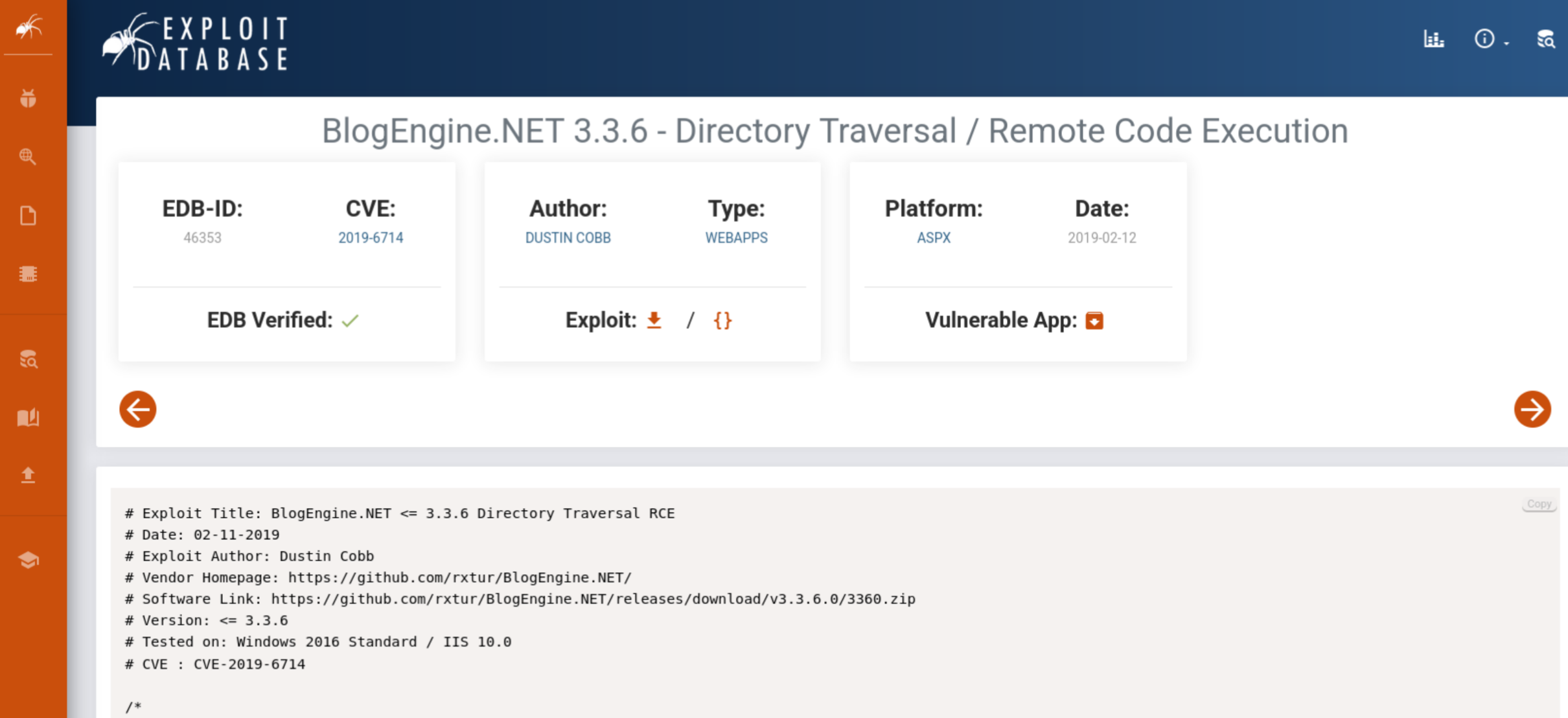 ExploitDB showing CVE-2019-6714 path traversal exploit for BlogEngine.NET 3.3.6.0